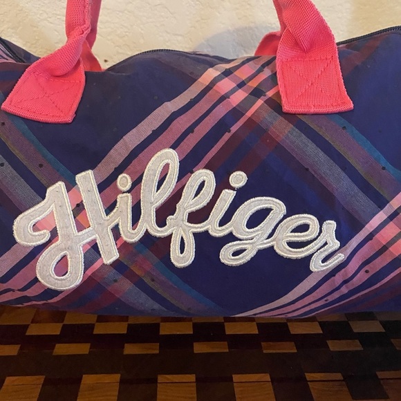 Vintage Tommy Hilfiger 13”x10”Plaid Academia Duffle Crossbody Bag Pink Blue - Picture 6 of 16